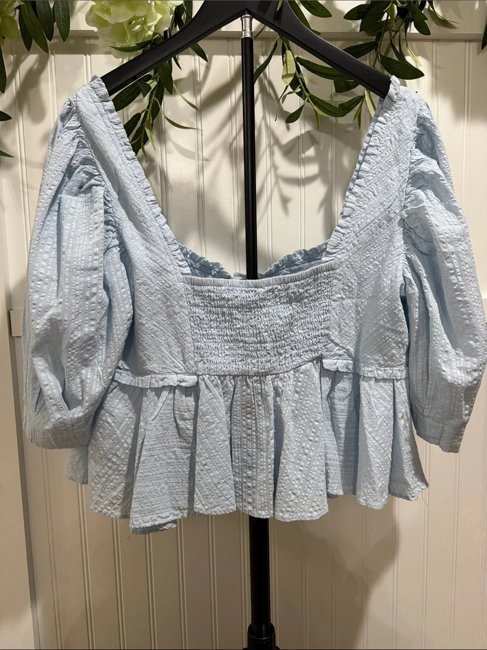 #360 FREE PEOPLE Leave It To Me Pale Blue Square-Neck Peplum Puff Sleeve NWT L